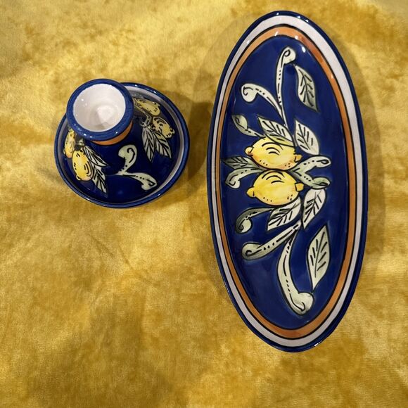 Le Souk Ceramique Ceramic Tunisia Mini Tagine And Oblong Dish Blue With Lemons - Picture 2 of 5